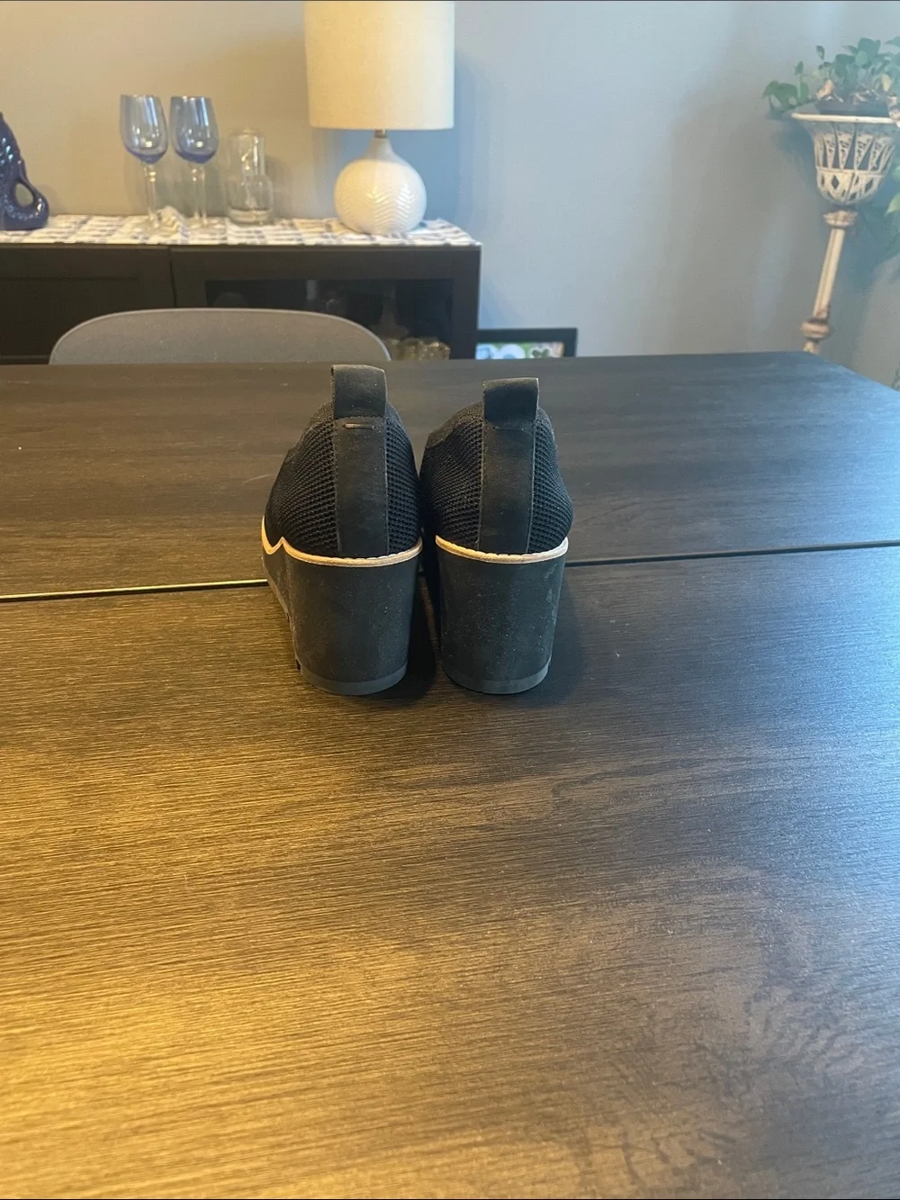 Eileen Fisher Black Knit Slip-On Wedge Sneakers with Tan Trim